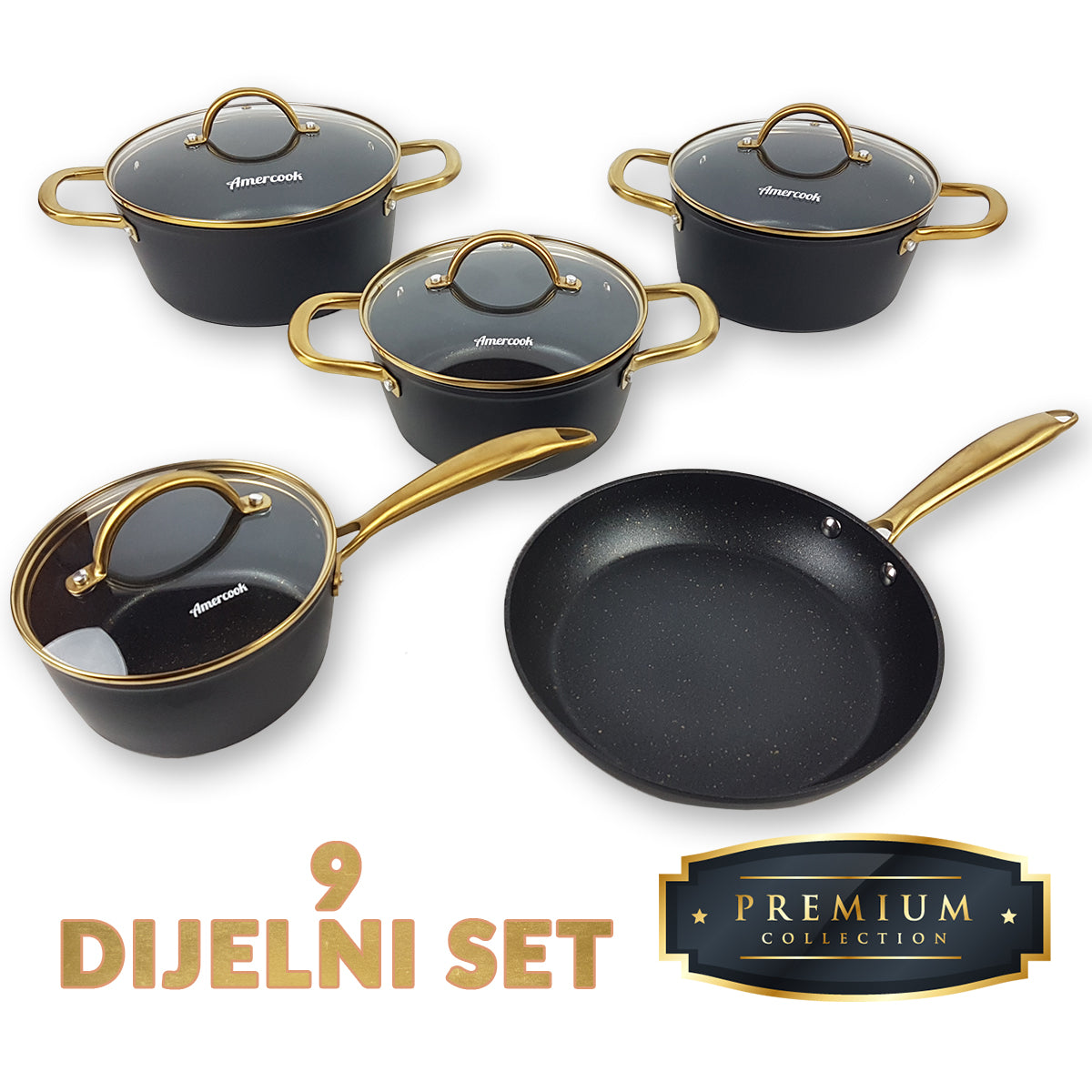 Appolo Brushed Gold set posuđa PREMIUM 9 dijelni - Mediteran Shop